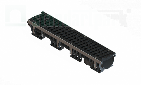 Лоток водоотводный пластиковый PolyMax Drive ЛВ-15.21.15-ПП-РВ-ВЧ-Ш5 DN150 h166 с решеткой чугунной «шина» ВЧ кл.Е600 (к-т)